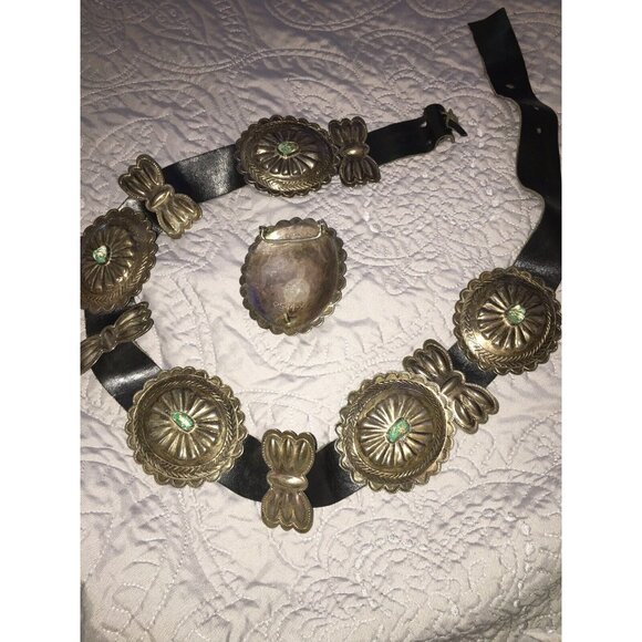 Vintage 1960s Navajo Sterling Stamped Domed Handmade 11 Pc Concho Belt Turquoise - Picture 4 of 12